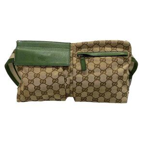 Auth GUCCI GG 28566 Beige Dark Brown Green Jacquard Leather - Bum Bag